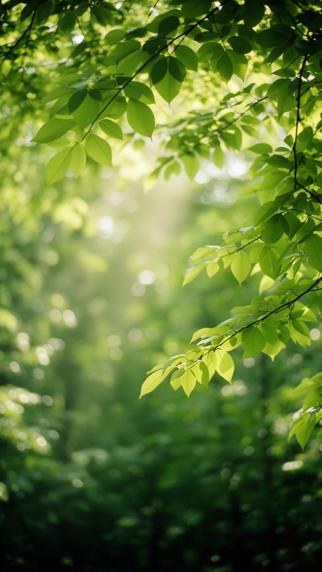 Looking up into a sunlit green canopy
