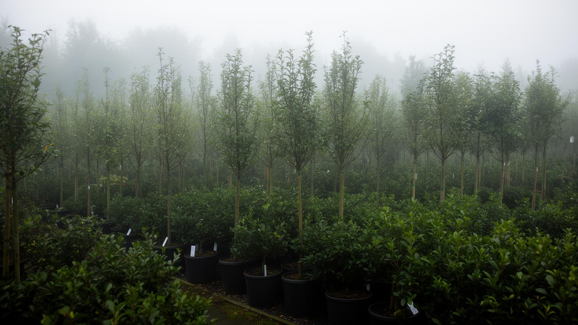 Rows of young trees at an English nursery in soft mist