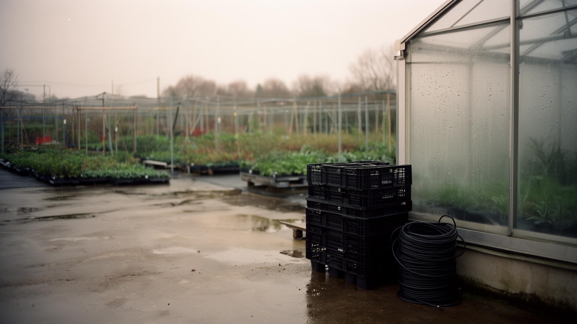 Loading bay at dawn — condensation on a greenhouse panel and stacked trays