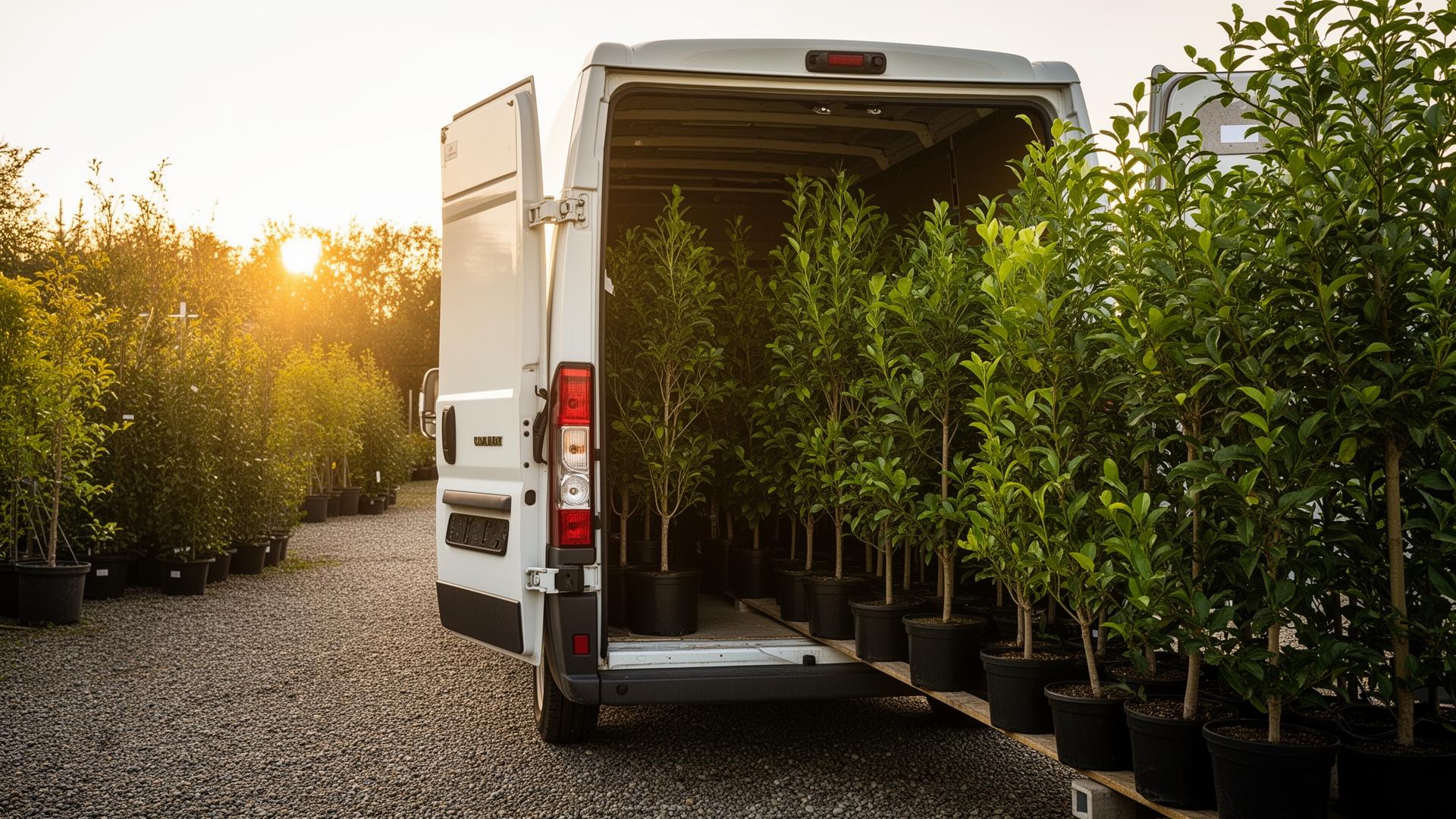 Plants being carefully loaded into a delivery van at a nursery